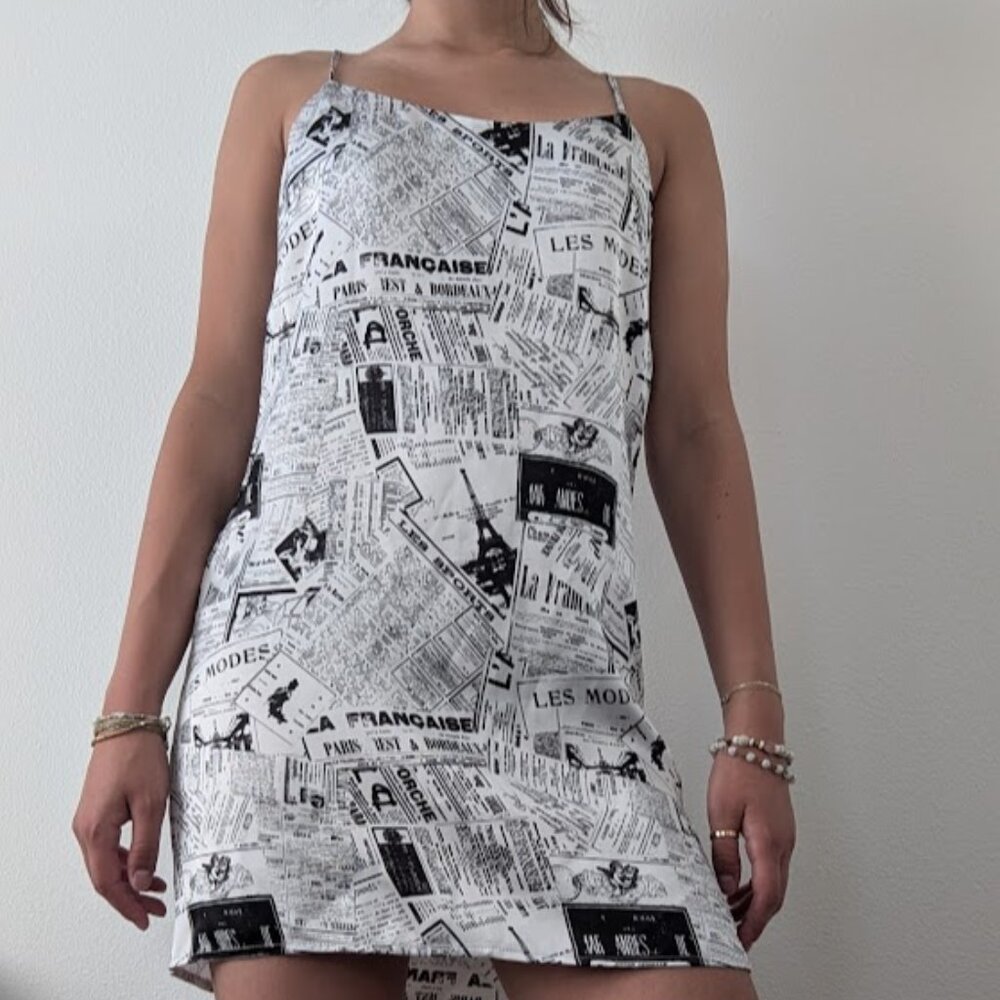newsprint pattered slip dress